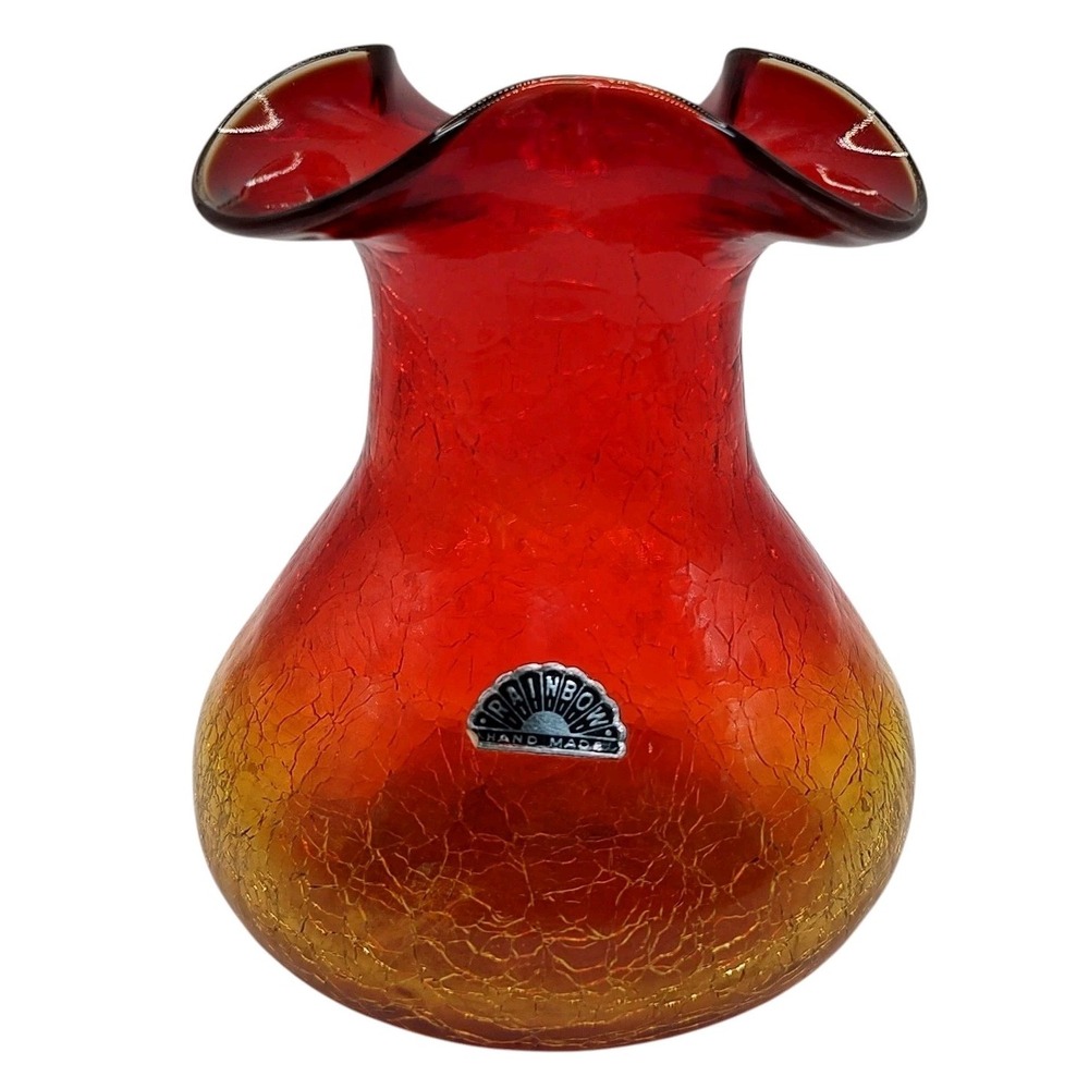 Vintage Rainbow Crackle Glass Vase Red Yellow Hand Blown Art Glass with‎ Sticker